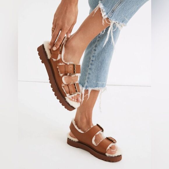 NWOB Madewell The Shearling-Lined Madelyn Sandal Golden Pecan 9 Leather NA977 - Picture 1 of 13